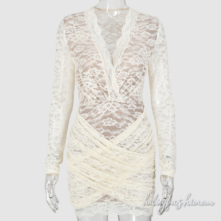 Long sleeve lace ruched v neck mini dress - Halibuy - 2