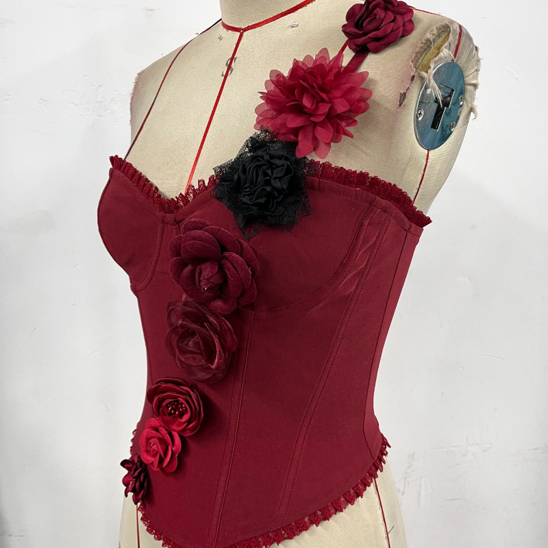 One shoulder flower applique lace up top  | Festival Outfits Women