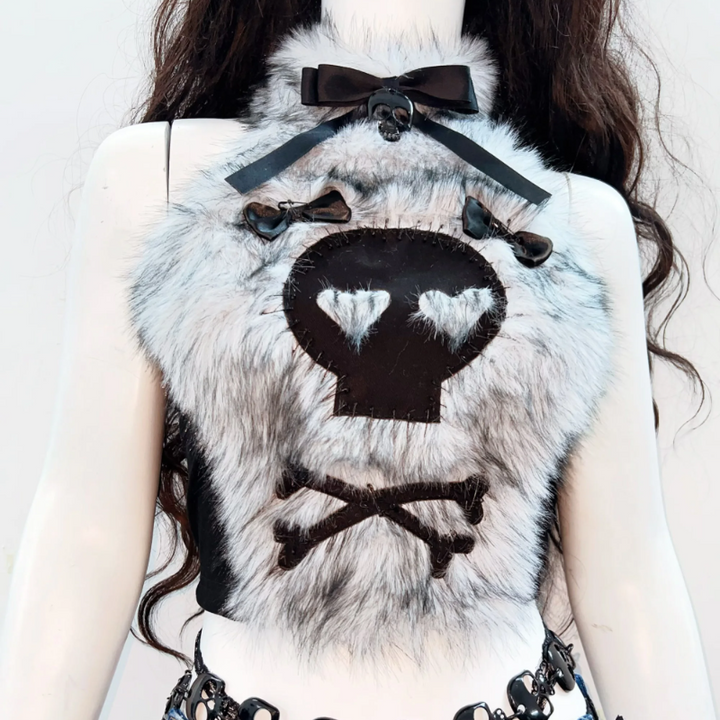 Bowknot fluffy halter skull pattern backless top