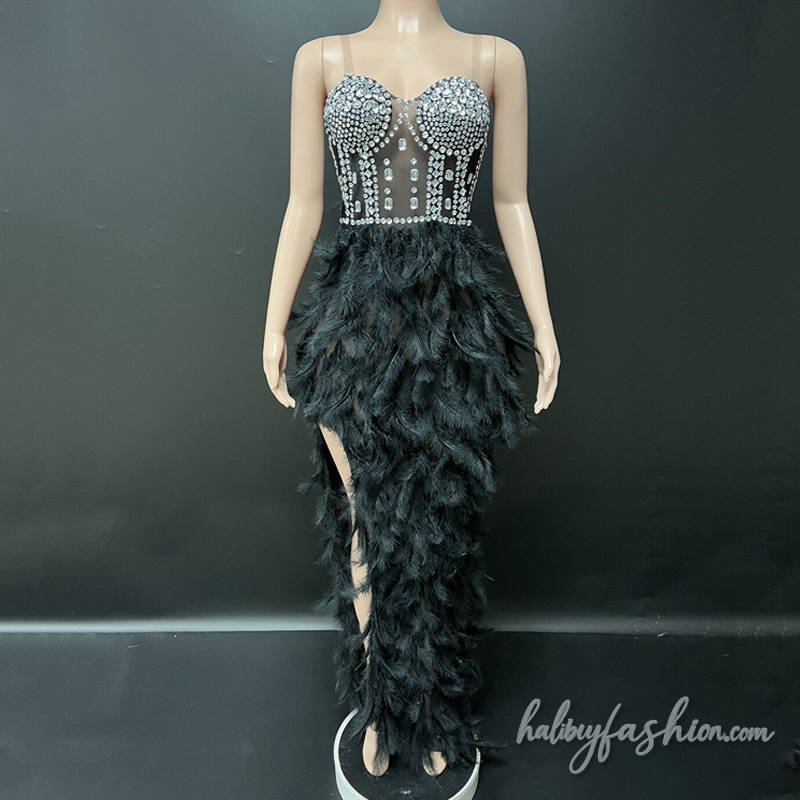 Feather beaded v neck backless maxi dress