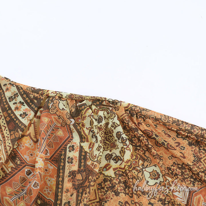 Irregular hollow out print v neck cami maxi dress