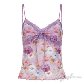 Lace hem v neck flower print mesh cami top
