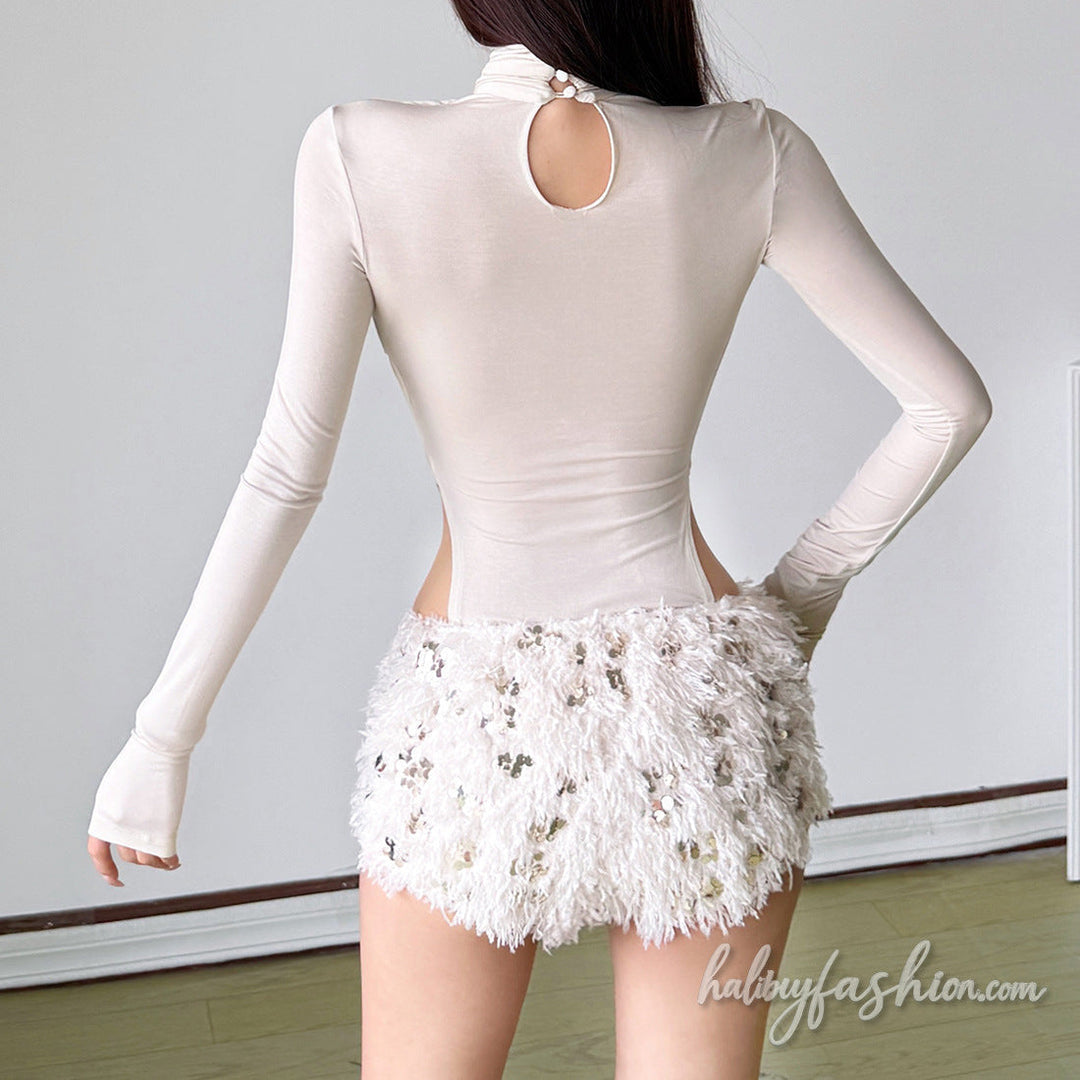 Long sleeve hollow out ruched gloves solid bodysuit