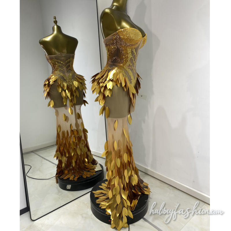 Beaded leaf applique backless tube maxi dress - Halibuy - 3