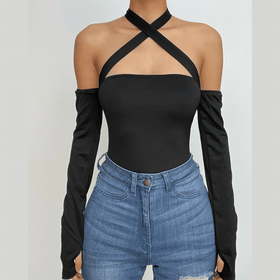 Long sleeve gloves off shoulder halter cross front ribbon backless bodysuit  | Festival Outfits Women