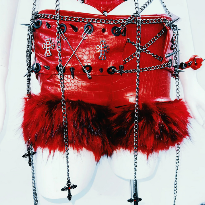 Fluffy metal chain rivet PU leather top  | Festival Outfits Women