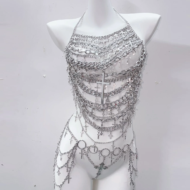 Metal chain cross applique hollow out backless waist chain cut out set  | Festival Outfits Women
