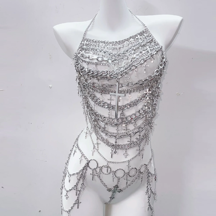Metal chain cross applique hollow out backless waist chain cut out set  | Festival Outfits Women