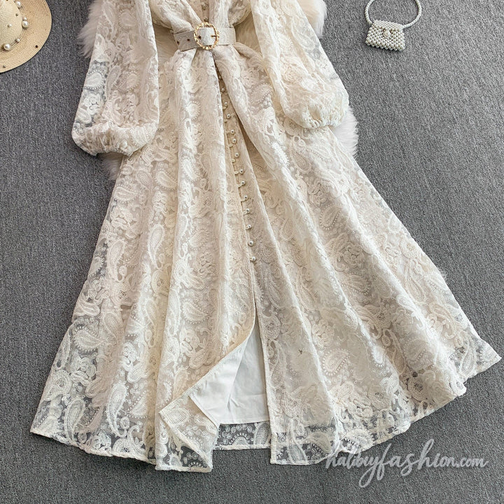 Long sleeve button lace maxi dress