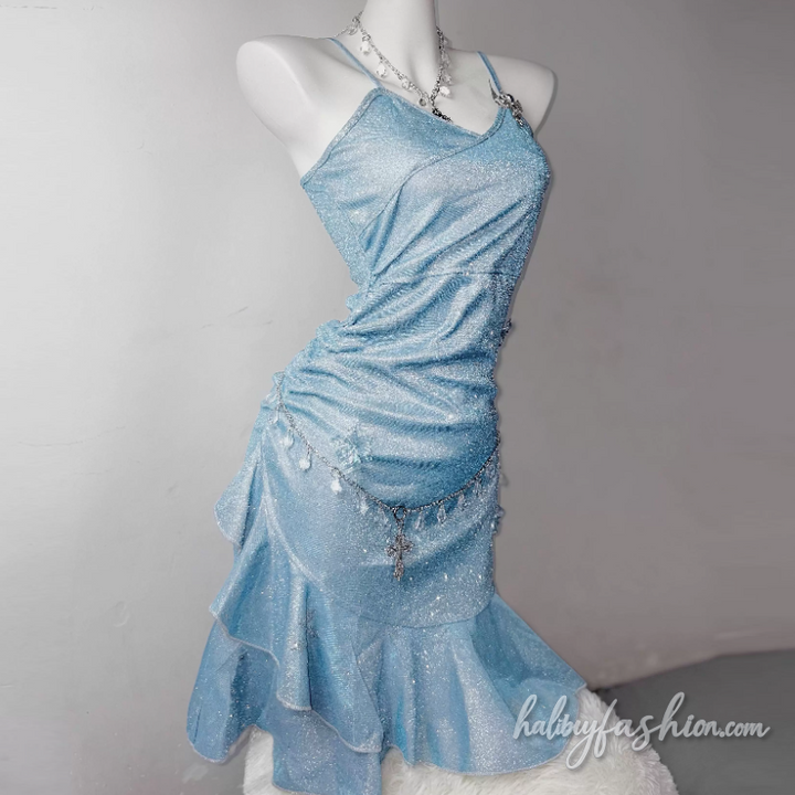 Irregular ruffle v neck ruched cami mini dress