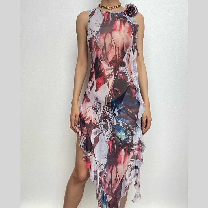 Sheer mesh see through abstract print contrast ruffle sleeveless maxi dress-final-sale