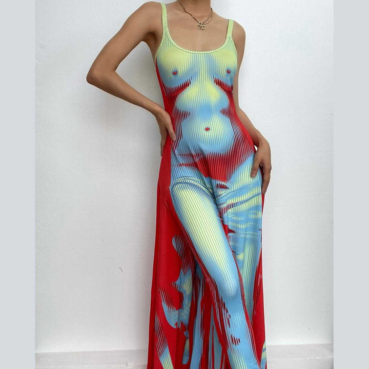 Body pattern u neck ruffle backless contrast cami maxi dress-final-sale  | Festival Outfits Women