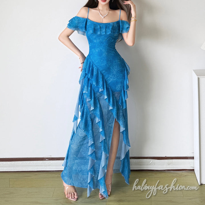 Ruffle irregular slit off shoulder mesh maxi dress