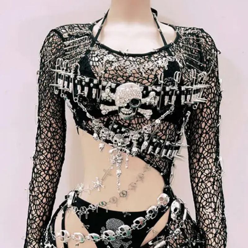 Long sleeve metal chain hollow out skull applique 3 piece dress  | Festival Outfits Women