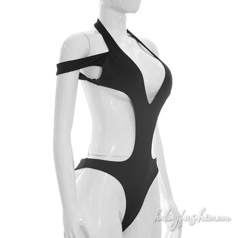 Hollow out v neck halter button solid bodysuit