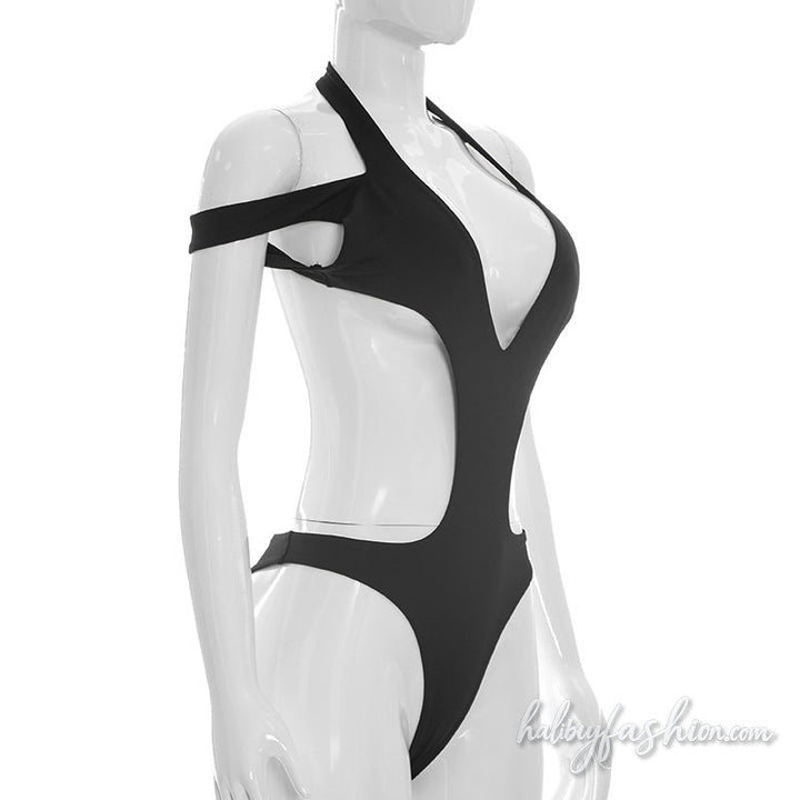 Hollow out v neck halter button solid bodysuit