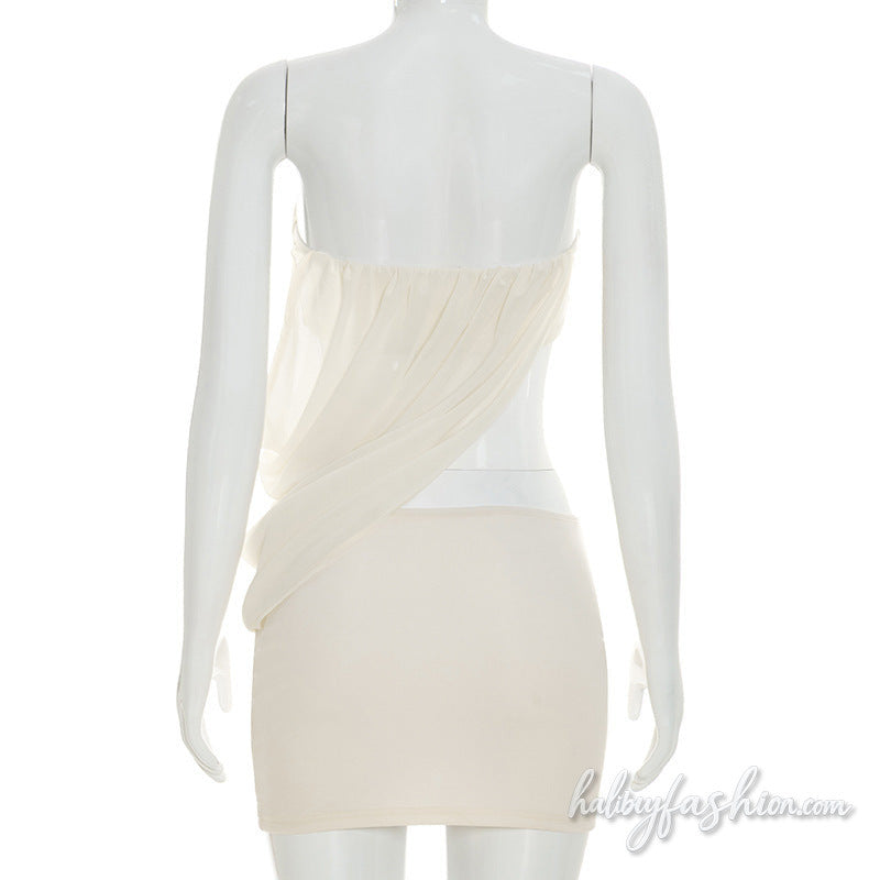 Irregular ruched chiffon tube solid mini skirt set