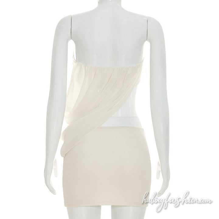 Irregular ruched chiffon tube solid mini skirt set