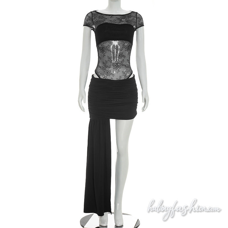 Crewneck cap sleeve lace ruched irregular mini skirt set - Halibuy - 2