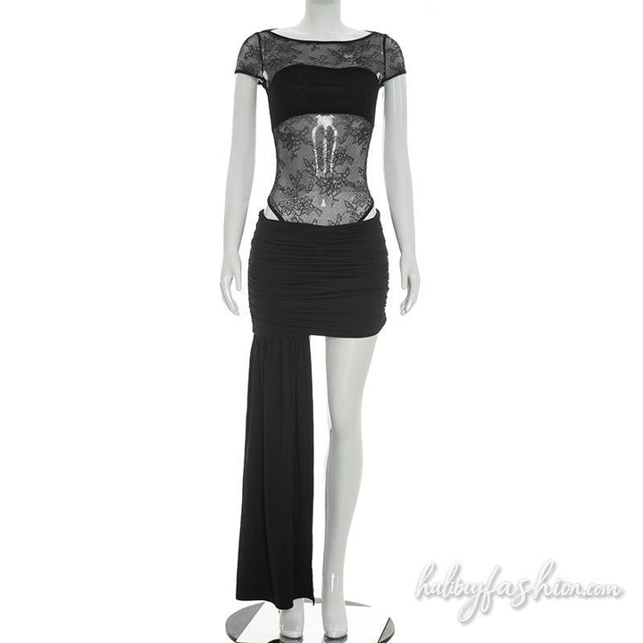 Crewneck cap sleeve lace ruched irregular mini skirt set - Halibuy - 2