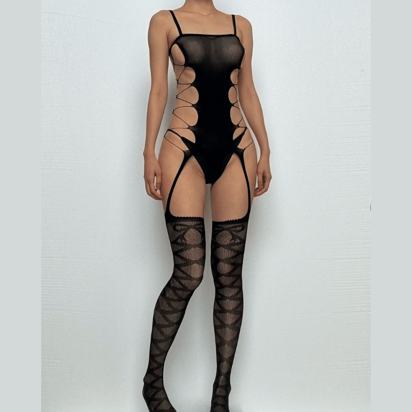 Hollow out bandage solid open crotch suspender bodystocking  | Festival Outfits Women