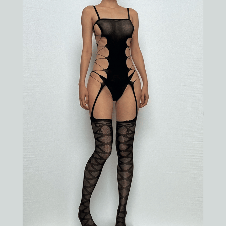 Hollow out bandage solid open crotch suspender bodystocking  | Festival Outfits Women