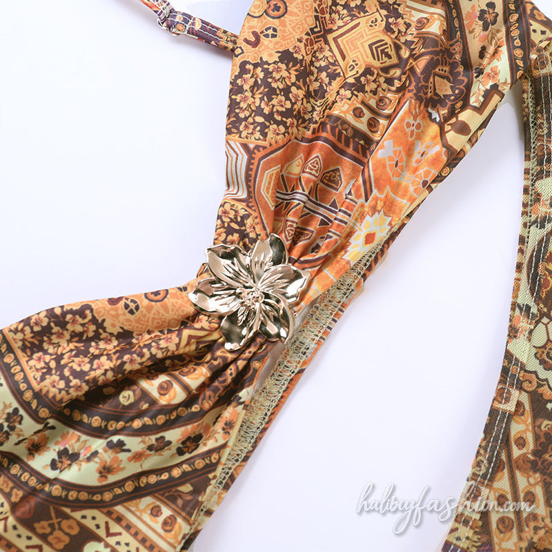 Irregular hollow out print v neck cami maxi dress