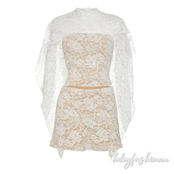Lace shrug button 3 piece mini skirt set - Halibuy