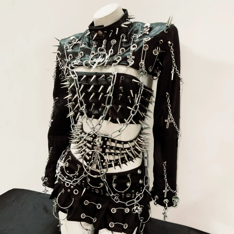 Long sleeve rivet PU leather o ring metal chain belt top  | Festival Outfits Women