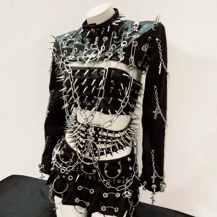 Long sleeve rivet PU leather o ring metal chain belt top  | Festival Outfits Women