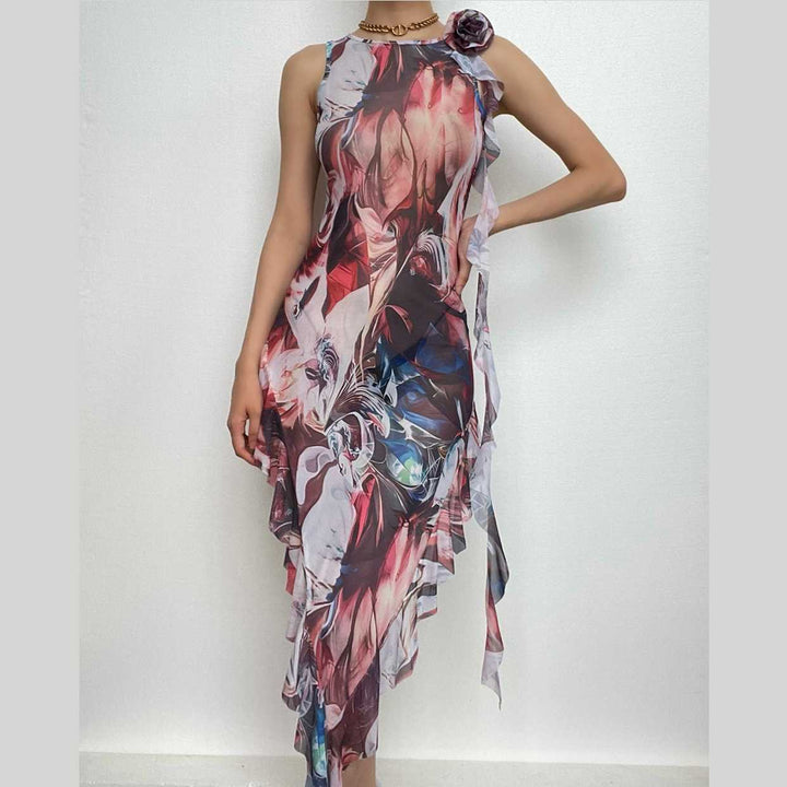 Sheer mesh see through abstract print contrast ruffle sleeveless maxi dress-final-sale