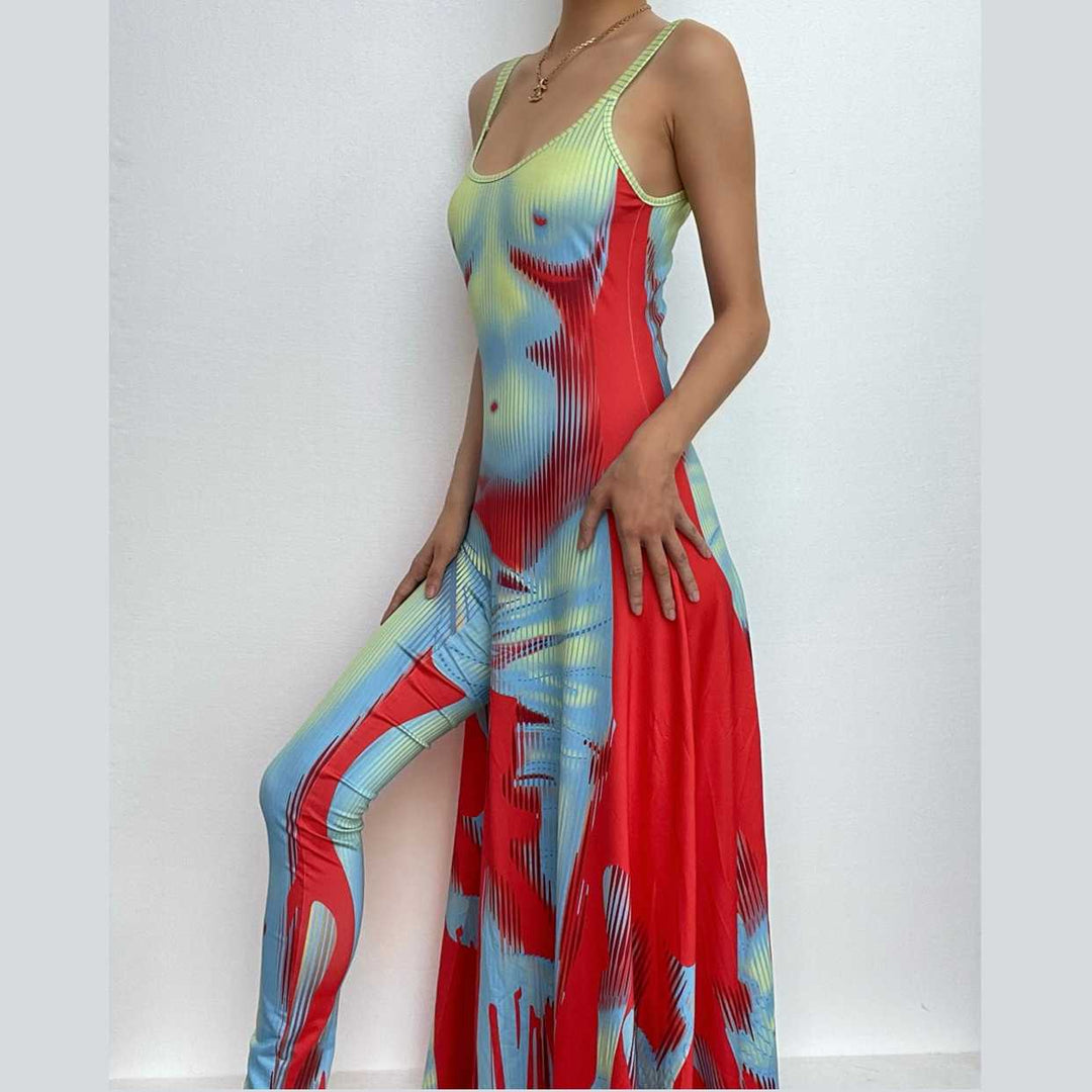 Body pattern u neck ruffle backless contrast cami maxi dress-final-sale  | Festival Outfits Women