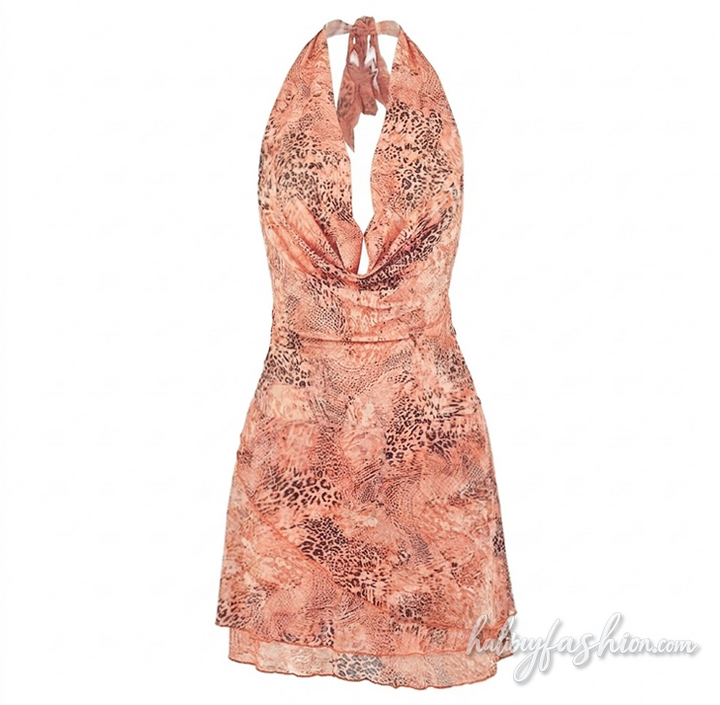Leopard print cowl neck halter self tie mini dress - Halibuy