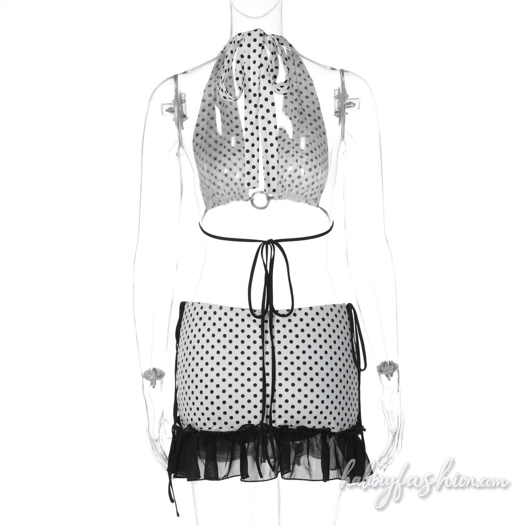 Halter self tie polka dot o ring bikini swimwear
