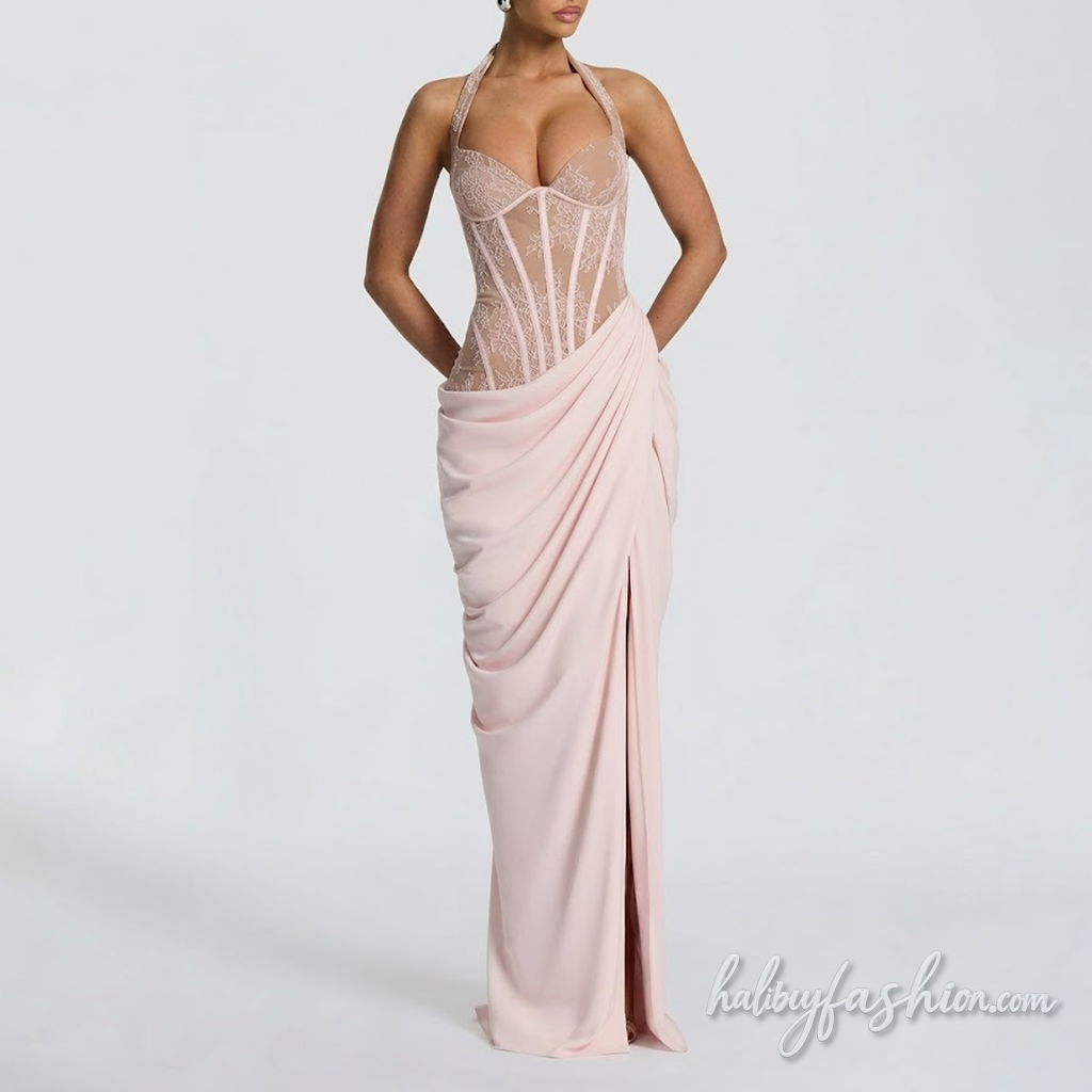 Self tie halter lace ruched irregular slit maxi dress - Halibuy