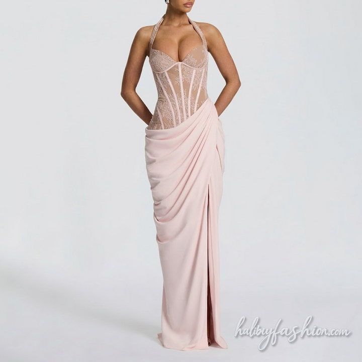 Self tie halter lace ruched irregular slit maxi dress - Halibuy