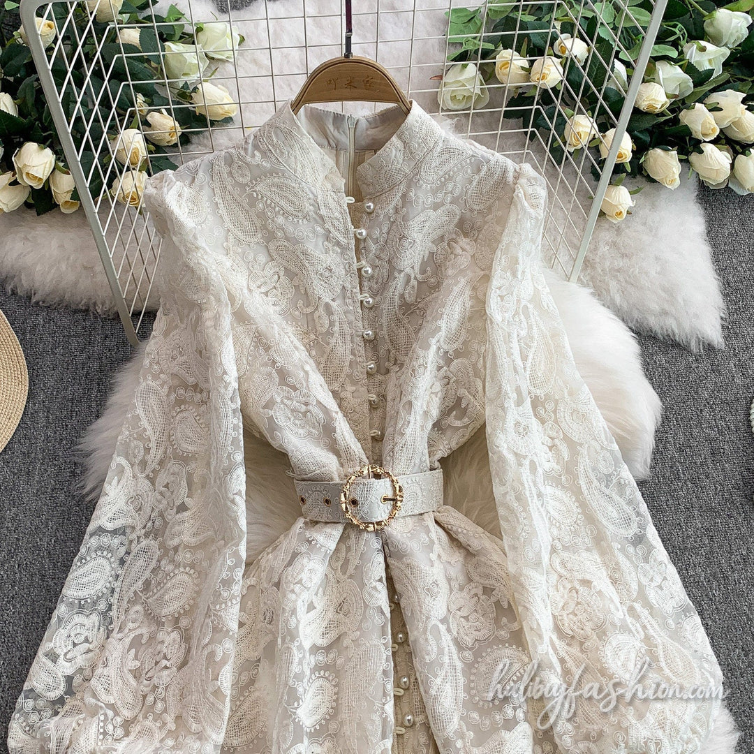 Long sleeve button lace maxi dress