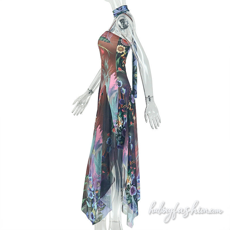 Square neck flower print mesh cami maxi dress
