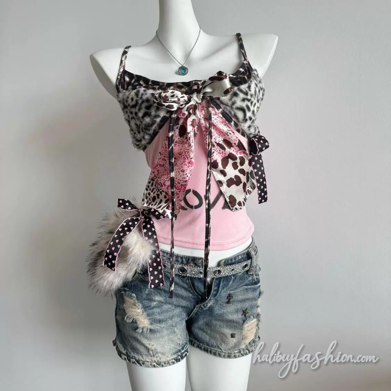 Leopard print bowknot self tie letter pattern cami top