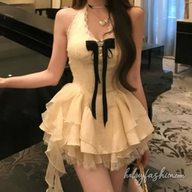 Bowknot halter lace hem ruffle mini dress