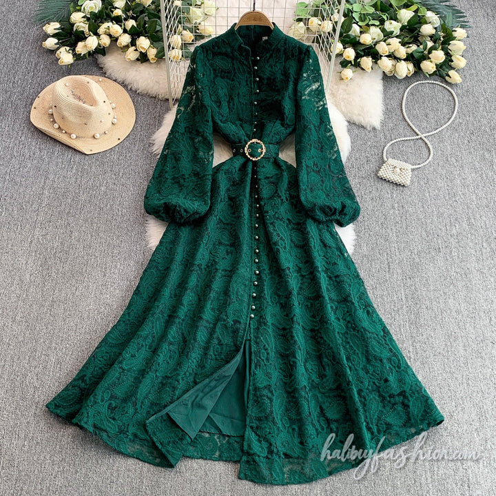 Long sleeve button lace maxi dress