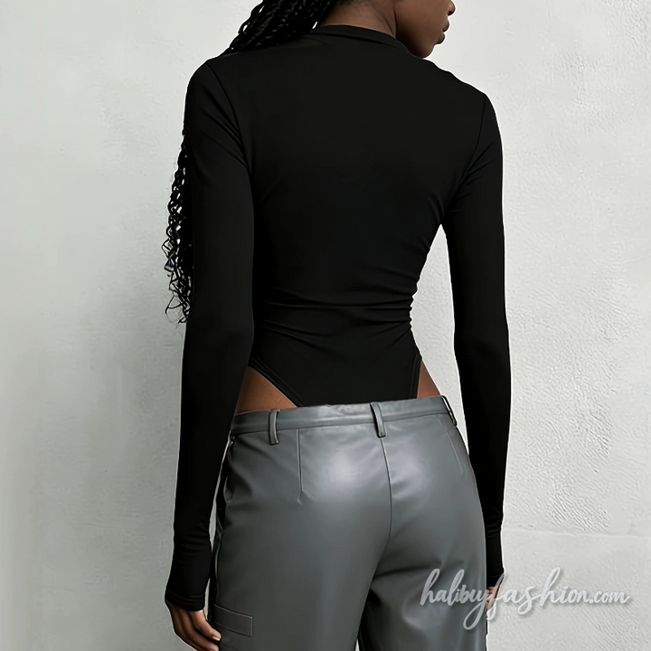 Hollow out long sleeve crewneck solid bodysuit