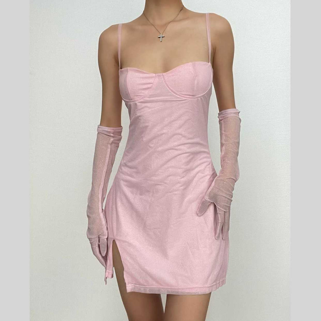 Textured mesh gloves sweetheart neck zip-up slit cami mini dress-final-sale  | Festival Outfits Women
