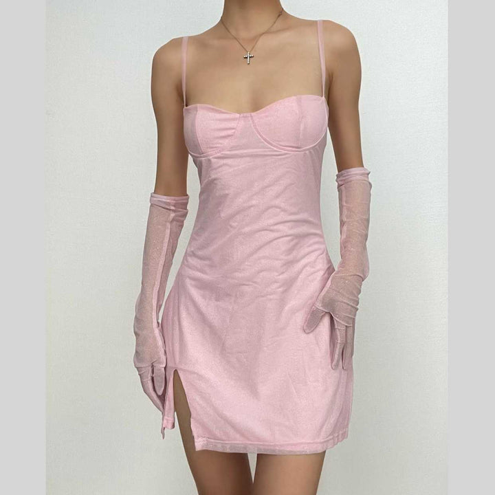 Textured mesh gloves sweetheart neck zip-up slit cami mini dress-final-sale  | Festival Outfits Women