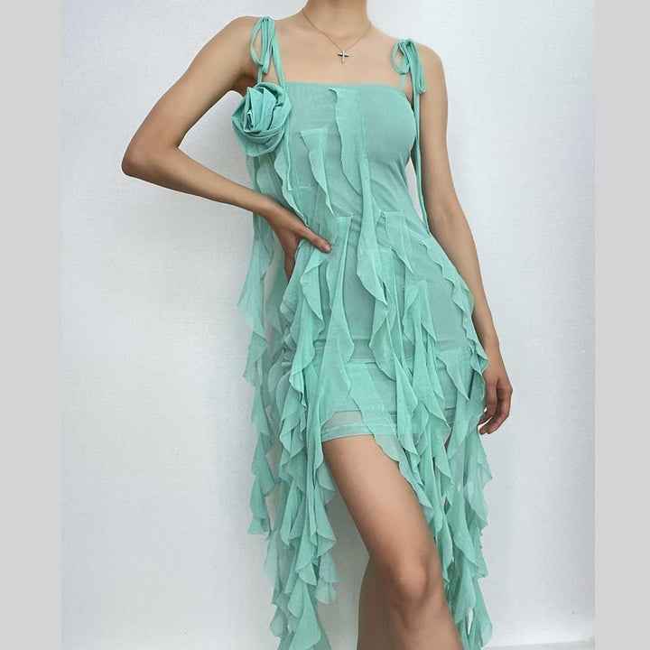 Ruffle solid self tie mesh flower applique ribbon midi dress-final-sale  | Festival Outfits Women