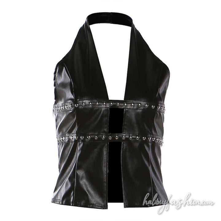 Halter zip-up PU leather hollow out backless top
