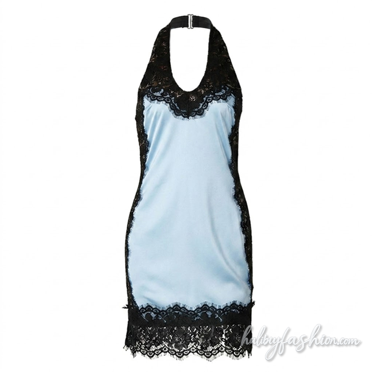 Lace hem halter u neck zip-up backless mini dress - Halibuy - 2