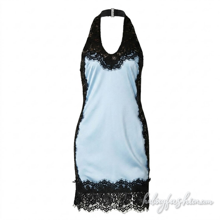 Lace hem halter u neck zip-up backless mini dress - Halibuy - 2