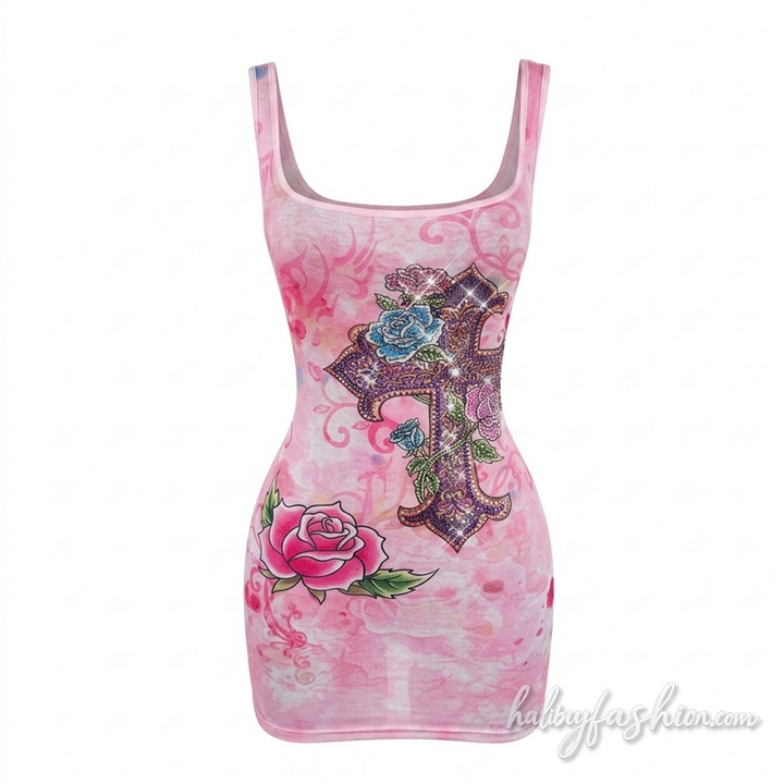 Square neck flower flower ribbed tank mini dress