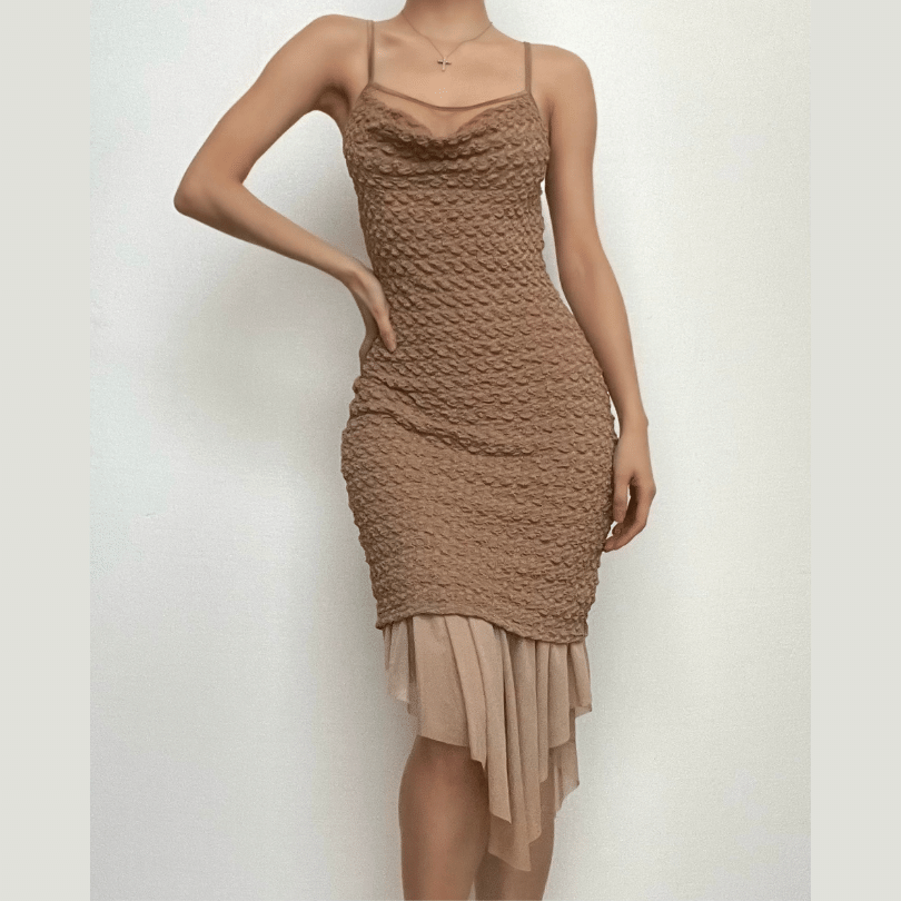 Textured mesh solid ruched irregular cami midi dress - Final Sale  | Festival Outfits Women